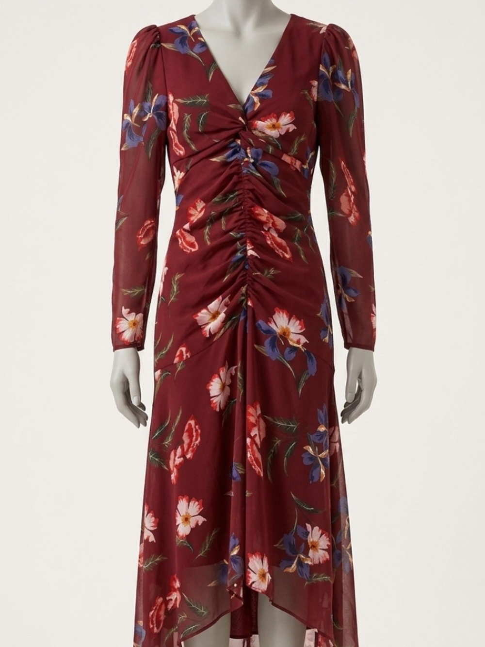 Floral Ruched V-Neck Midi Dress in Burgundy Size L